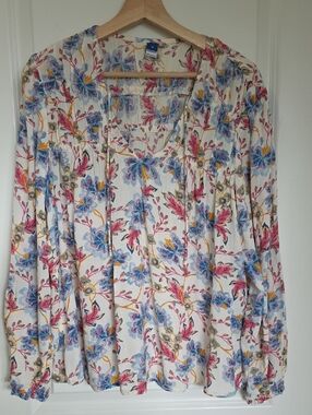 Old Navy Cream Floral Scoop-Neck Blouse with Blue & Pink Blooms